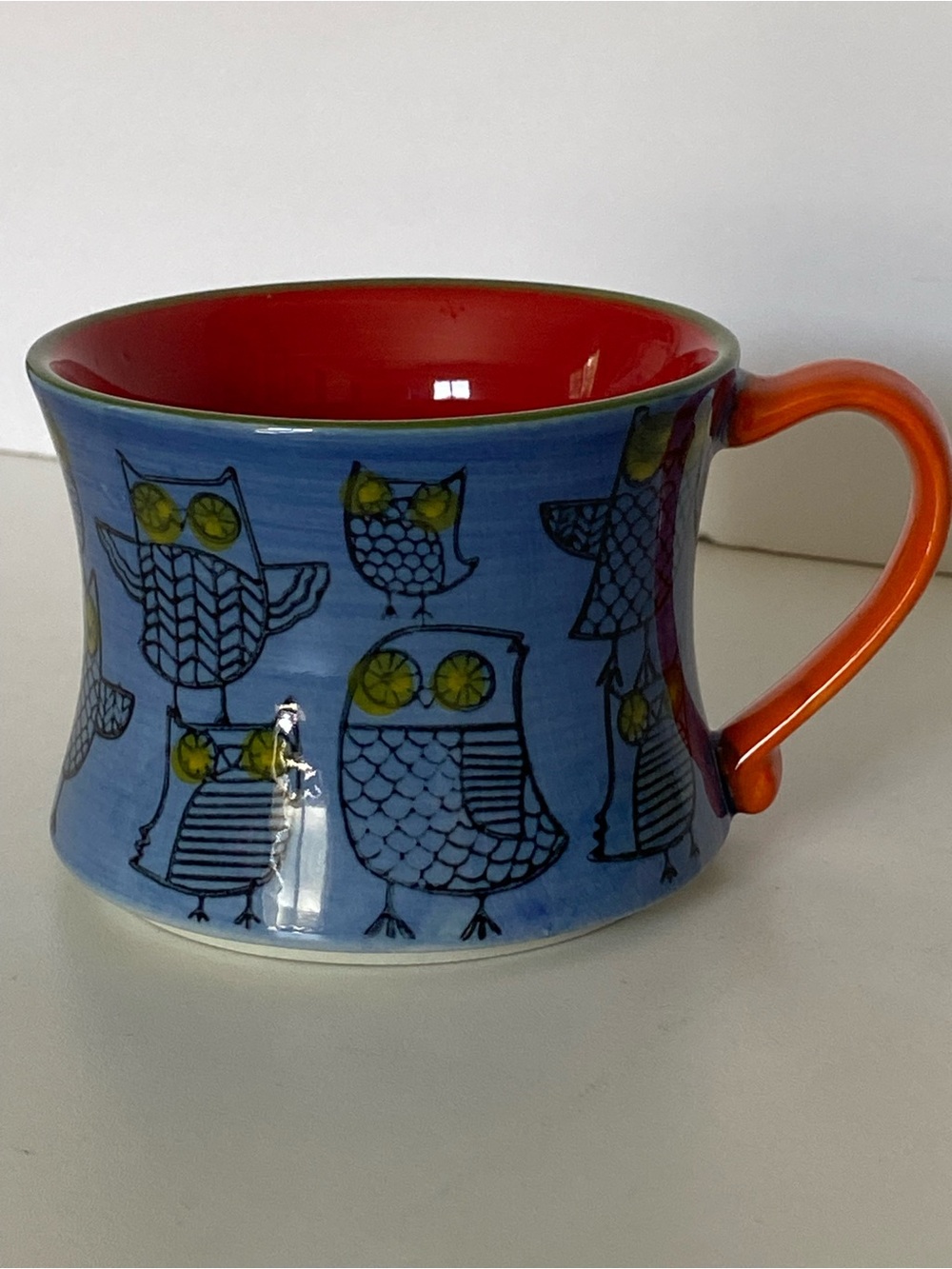PIER ONE IMPORTS Owl Mug Hand Painted Blue Red 10.5 oz Stackable Ceramic Coffee